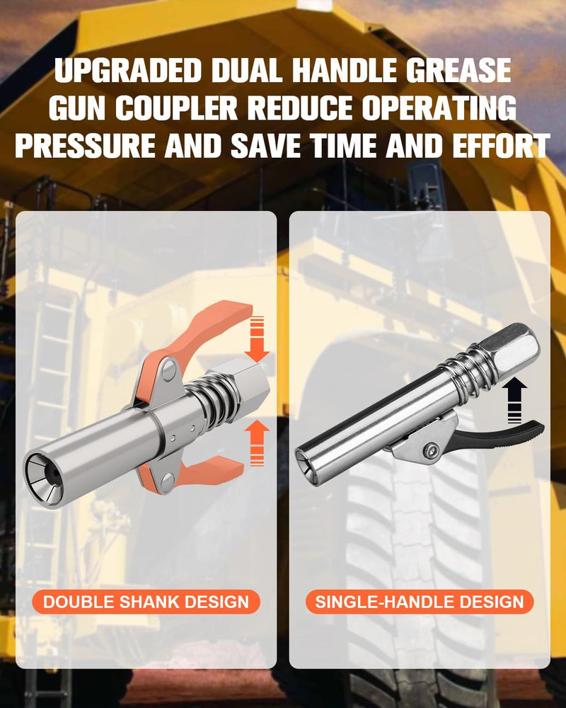 Grease Gun Coupler Grease Gun Tips Grease Fittings, Double Handles, Quick Lock Release, High Pressure 10,000 PSI, 6 Thickened Jaws Grease Coupler, Compatible with All 1/8" NPT Grease Guns Pro Version - 1 PC