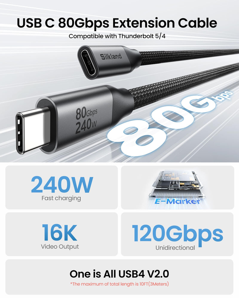 Silkland 80Gbps USB 4 Extension Cable for Thunderbolt 5/4, [240W Charging, 8K 60Hz] USB C Extender 3.3ft, 4K@540Hz Type C Male to Female Adapter Compatible for USBC Hub, iPhone 17/16, MacBook, iPad 3.3 Feet