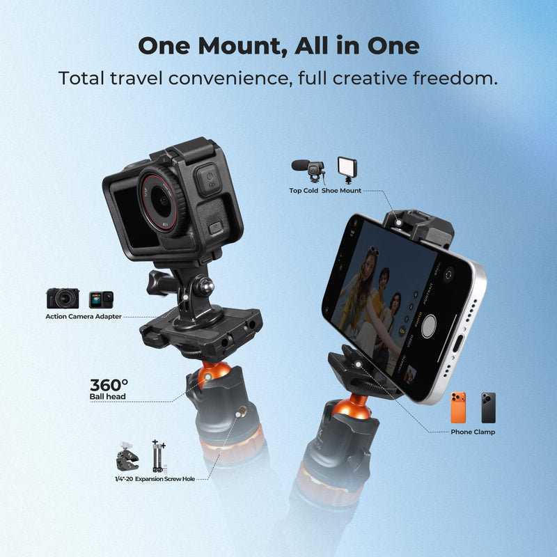K&F CONCEPT Auto Open 62'' Selfie Stick Tripod with Remote for Vlog | 360° Ball Head Camera Tripod with 2-in-1 Phone Holder, Compatible with DJI Osmo Pocket 3 4 Insta360 Luna Ultra. MS34