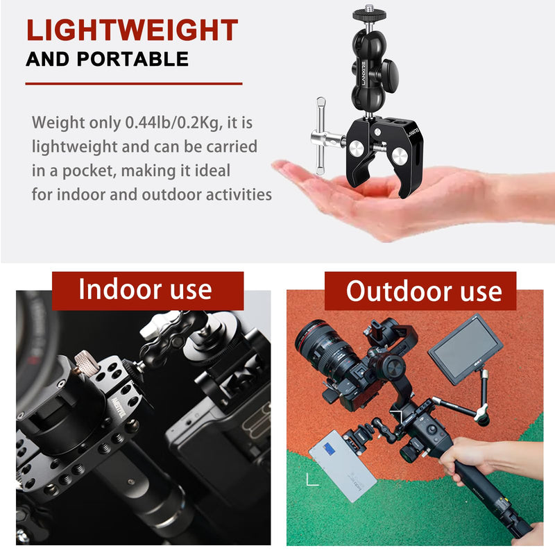 Super Clamp Camera Mount with Double Ball Head Magic Arm and 1/4" Screw - 360° Rotation - Fits for Camera, GoPro, Insta360, Action Camera, Monitor, Microphone - 1/4" and 3/8" Threaded Holes