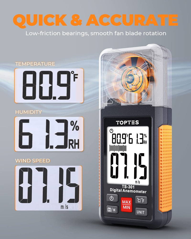 TopTes TS-301 Digital Anemometer, Wind Speed Meter with 2.26-inch Big Backlight LCD Screen, Air Flow Meter for Sailing Surfing Drone Flying RC Plane Golf Shooting HVAC Orange