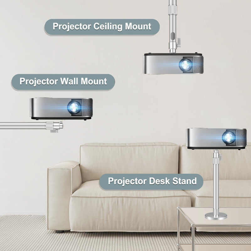 Projector Mount Bracket Compatible with HAPPRUN, Aurzen & Most Projectors | Upgraded Fixed-angle Wrench 360° Rotation & 90° Tilt Adjustable Projector Ceiling Mount Projector Wall Mount Silver 14-24 IN/37-62 CM