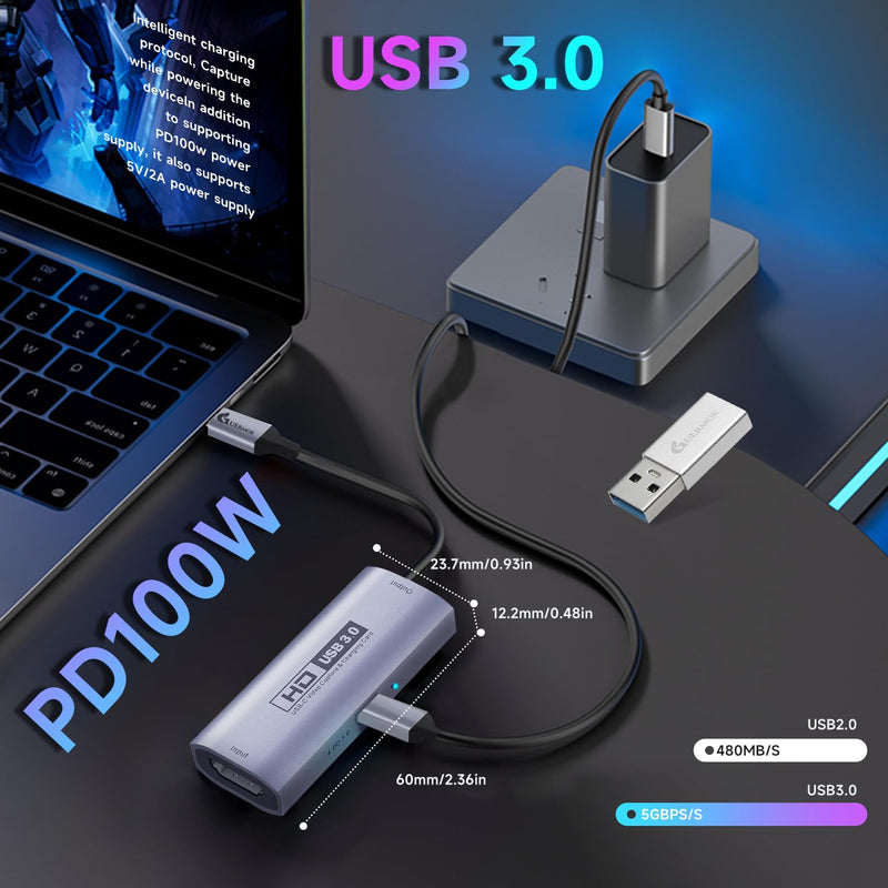Guermok 4K USB3.0 Video Capture Card with PD 100W, 2K@30FPS or 1080P@60FPS HDMI to USB-A/C Capture Card for Streaming, Works with iPad Quest 3, MacOS, Switch2/1 PS5/4, Xbox, Camera, Silver