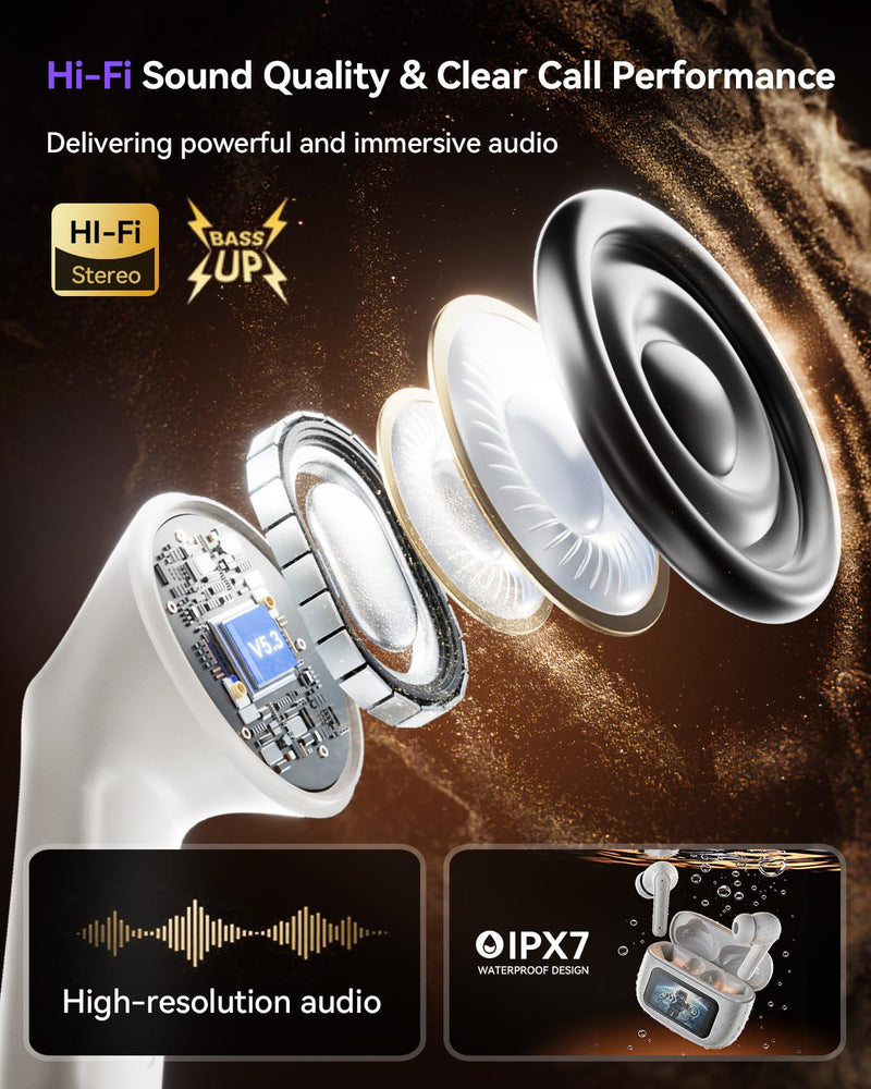 ZIUTY Wireless Earbuds Bluetooth 4.0 Ear Buds Headphones, Deep Bass Stereo | ANC Noise Cancelling, ENC Clear Calls, 48H Playtime, Touchscreen LED Display Case, IPX7 Waterproof, for Sports Workout Pearl