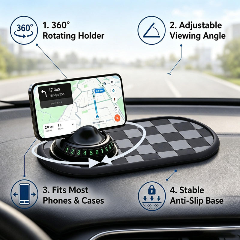 Car Buddy Dashboard, Multifunctional Car Anti-Slip Mat, 360° Rotatable Phone Holder Dashboard Organizer Pad with Hidden Parking Number for Phones, Sunglasses, Keys & Daily Essentials (Brown) brown