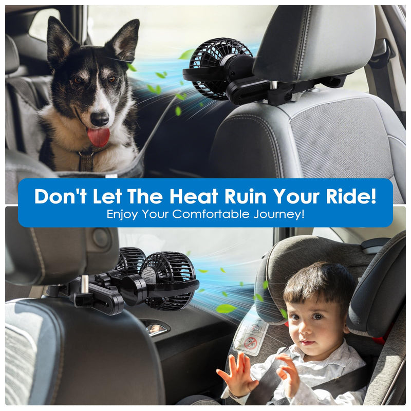 XOOL USB Dual Head Backseat Car Fan – 360° Rotatable Rear Seat Air Circulator with Stepless Speed & Adjustable Clip for Kids in SUV, Truck, RV USB Dual Fan - Rear (Stepless)