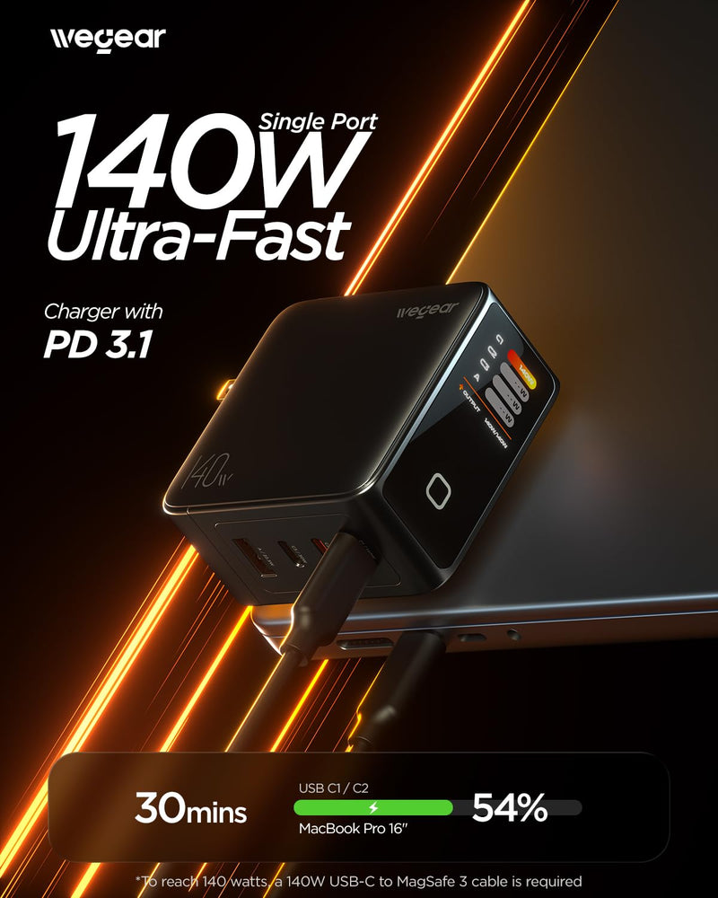140W GaN USB C Charger Block, 4-Port PD3.1 Fast Wall Charger with Smart Display & Touch Control, Foldable Power Adapter with 240W USB-C Cable for MacBook Pro, iPhone 17/16, iPad, Galaxy S25/S24