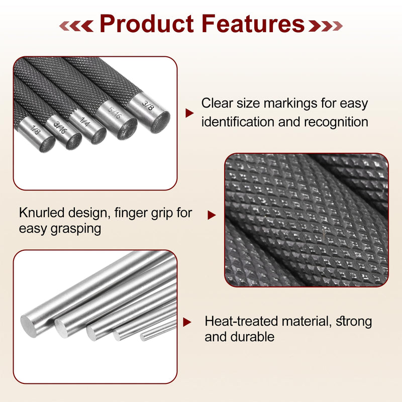 HARFINGTON 5pcs Drive Pin Punch Set 1/8" 3/16" 1/4" 5/16" 3/8" Non-marring Drive Pin Punch Cylindrical Alignment Punches with Knurled Grip for Watch Repair Jewelry and Craft