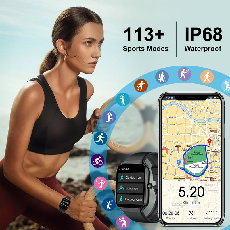 Smart Watch for Men Women (Answer/Make Call), Fitness Watch with Heart Rate/Sleep Monitor/Pedometer/Calories,2026 New Smartwatch IP68 Waterproof,113+ Sports Modes, Activity Tracker for Android iOS Pitch black