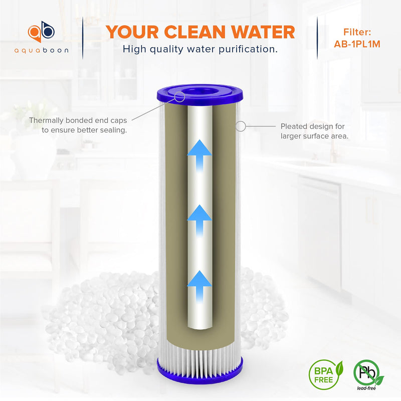 Aquaboon 1 Micron Pleated Water Filter 10 x 2.5 - Whole House Sediment Filter Replacement Cartridge Compatible with WFPFC3002, WHKF-WHPL, 6-Pack