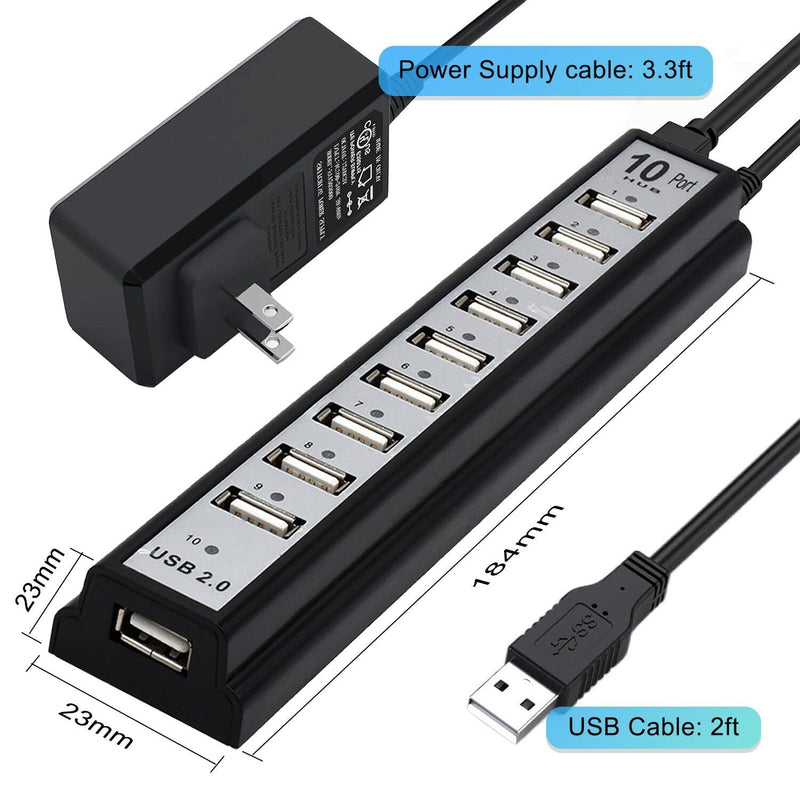 Powered USB Hub 2.0, VIENON 10-Port USB Hub USB Extender Splitter (Support Smart Charging + Faster Data Transfer) with Individual LED Indicator Light for MacBook, PC, Laptop, All-in-One Powered 10-Port