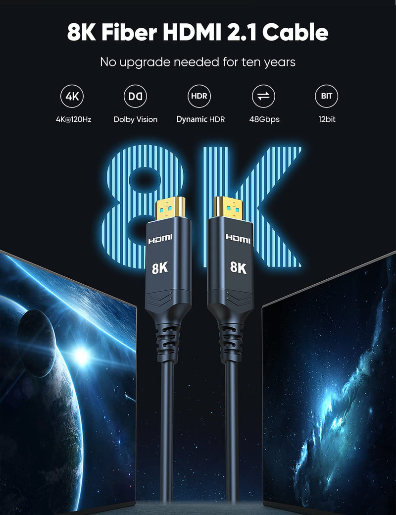 Highwings 50 ft/15.24M HDMI Cable Fiber Optic 8K & 4K, in-Wall CL3 Rated Long HDMI 48Gbps High Speed [8K@60Hz] Dynamic HDR/eARC/HDCP 2.2&2.3/ 3D, from Source to Display Compatible for Desktop GPU 50 feet 8K@60Hz-1 Pack Black