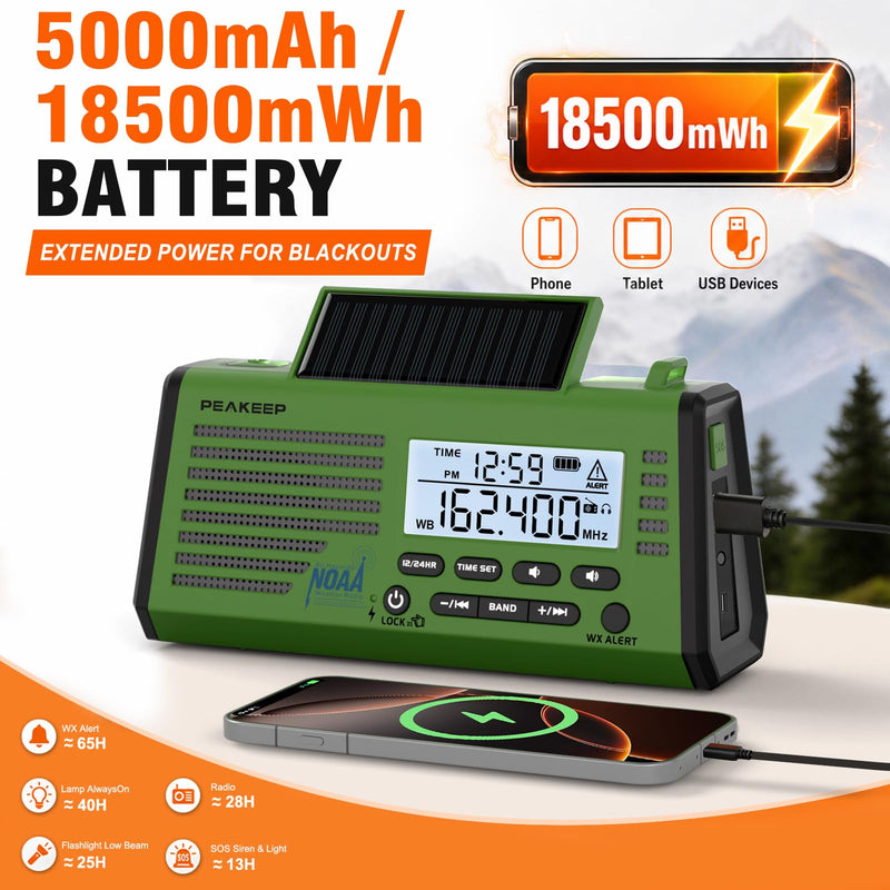 Peakeep Emergency Radio NOAA Weather Alert Battery Solar Crank Powered | AM FM SW Portable Radio , Rechargeable Battery 18500mWh, SOS Flashlight Lamp for Home Car Camping Storms Blackouts Prep Green with Black