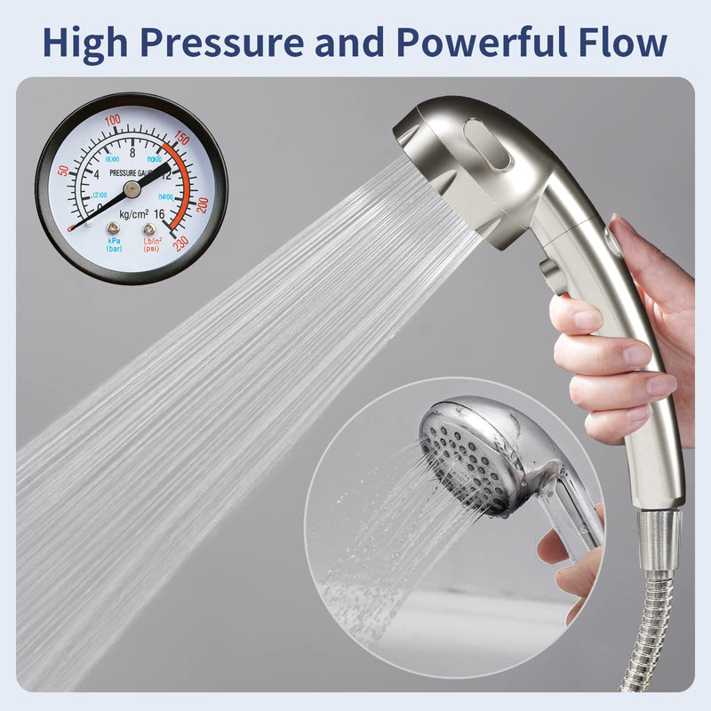 HANLIAN High Pressure Shower Head with Pause Button, 3 Spray Modes Shower Head for RV Camper, Water Saving On Off Shower, Handheld Shower Head with Hose and Self-adhesive Holder (Brushed Nickel) Brushed Nickel