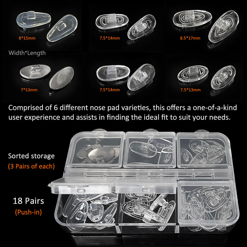 Push-in Eyeglass Nose Pads - PFDHQS 18 Pairs Glasses Nose Pads Replacement Kit - 6 Options Available for Replacing and Having Spare Nose Pads for Sunglasses