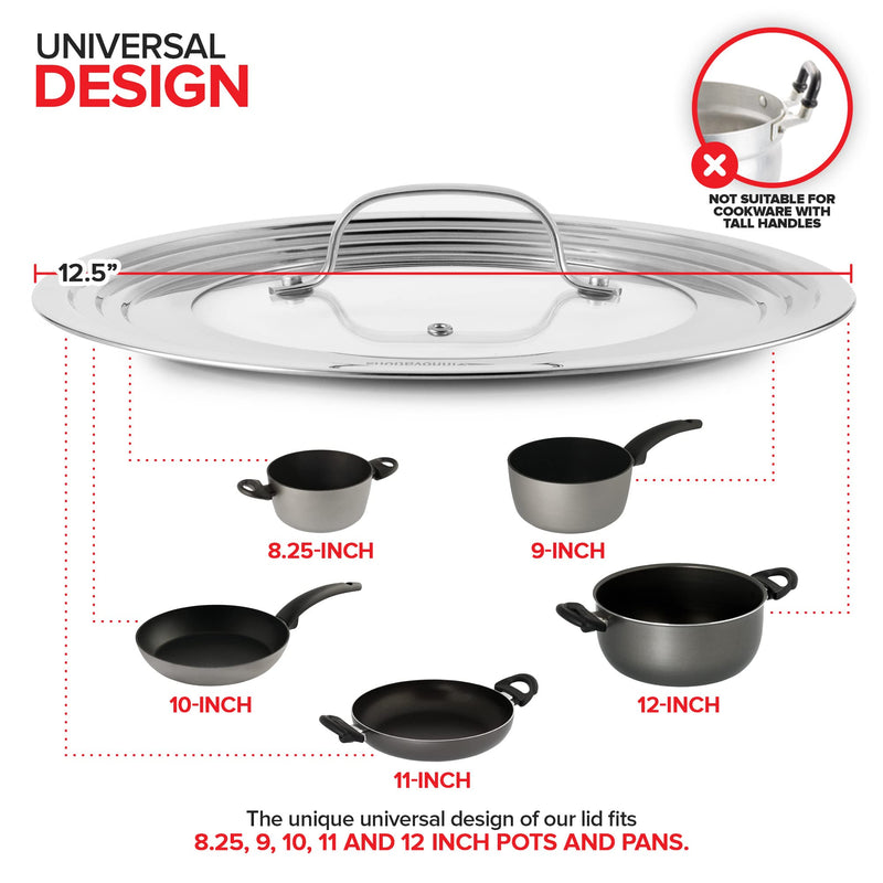 Modern Innovations Universal Lid with Tempered Glass Top for Pots & Pans, Fits 8.25, 9, 10, 11, and 12 Inch Cookware - Large Replacement Frying Pan Cover, Cast Iron Skillet Lids - Stainless Steel 1