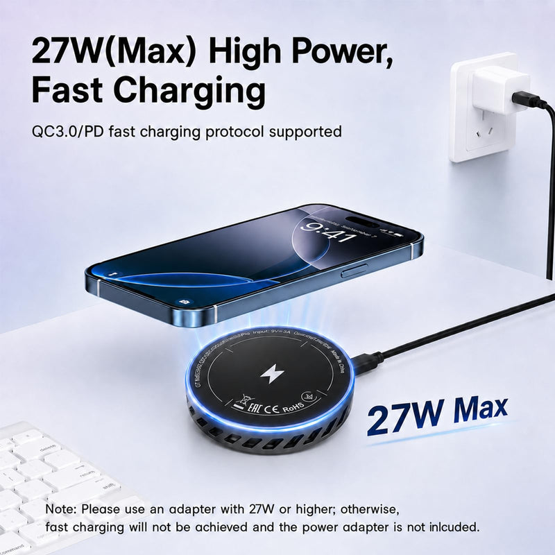 Magnetic Phone Charger with Cooler, Fast Wireless Charger Phone Cooler | RGB LED Black