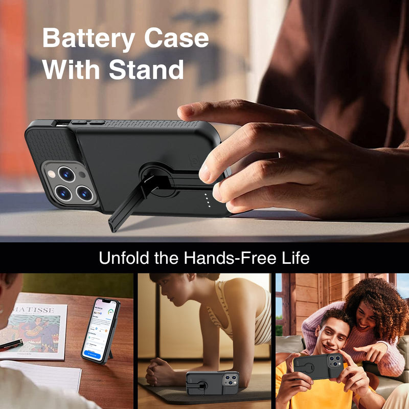GIN FOXI Battery Case for iPhone 14 Pro Max/14 Plus/13 Pro Max/12 Pro Max, Rechargable Charging Case with Stand 8500mAh Portable Extended Case Cover for 14 Pro Max,14Plus,13/12Pro Max Black for 14px/13px/12px
