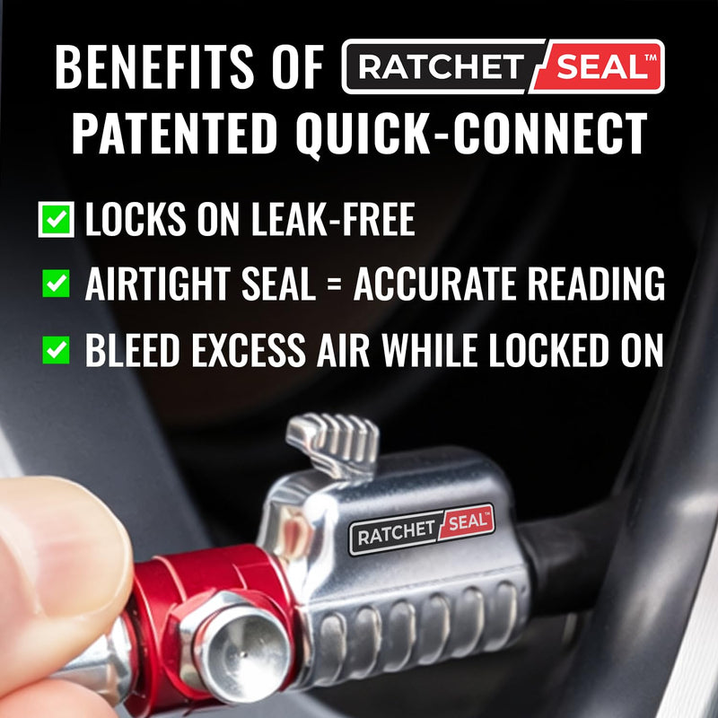 SKÖG Dual-Needle Tire Pressure Gauge 100 PSI | Leak-Free RatchetSeal Patented Quick-Connect | Cars, Trucks, Motorcycles, Bicycles | Battery Free Locking Chuck Tire Gauge 1 Pack