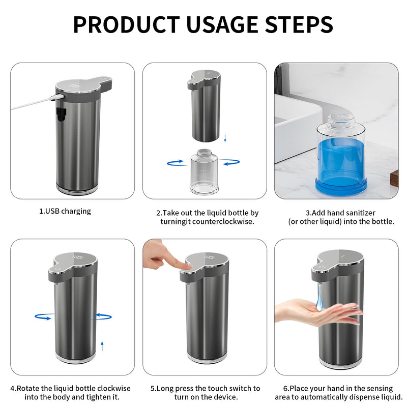 Automatic Liquid Soap Dispenser, 12oz Rechargeable Touchless Hand Soap Dispenser, 4 Levels Adjustable Infrared Sensor Dish Soap Dispenser for Bathroom,Kitchen,Hotel St-01 Liquid Gray