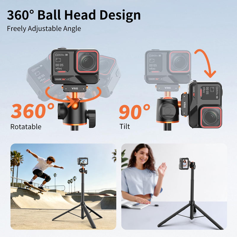 VRIG 2-in-1 Tripod for Insta 360 Ace Pro 2 with Quick Release Adapter Mount | 55" Selfie Stick Tripod Extension Rod (1/4" Screw + Magnetic Base) Compatible with Insta 360 X5, X4 Air, Ace Pro Accessories