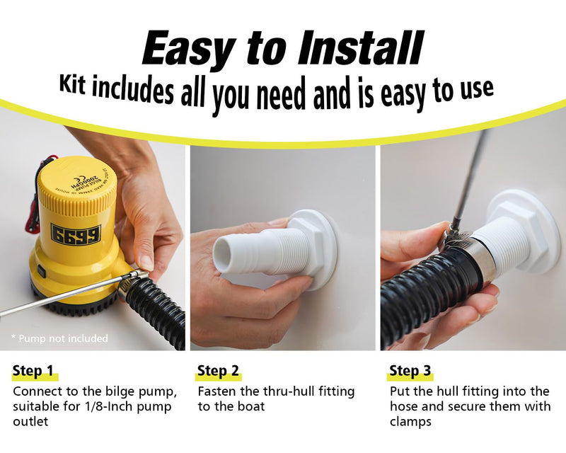 Plumbing Kit Included 6FT Kink-Free Flexible PVC Hose, 2 Stainless Steel Clamps & Thru-Hull Fitting Easy to Install for Boat Bilge Pumps with 1-1/8” Outlet Ideal for Fishing Boats Cruisers Yachts