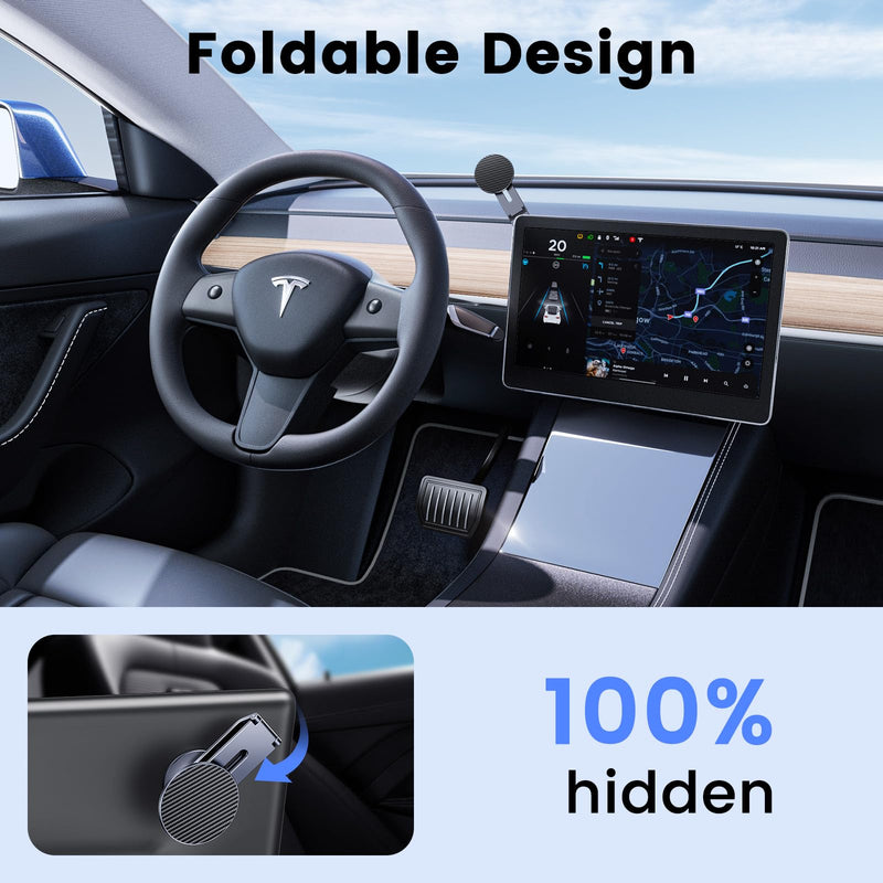 Tesla Phone Mount with 15W MagSafe Fast Charging, Foldable Hidden Car Holder for Tesla Model 3 / Y/Cybertruck, 360° Rotatable Dashboard Screen Bracket with Ultra-Strong N52 Magnets