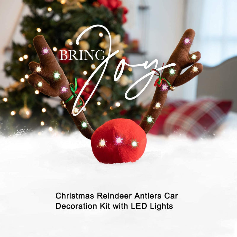 Car Reindeer Antler Kit with LED Light Christmas Auto Decorations Lighted Antlers and Nose with Jingle Bells Character Kit,Car Accessory (Multicolor)