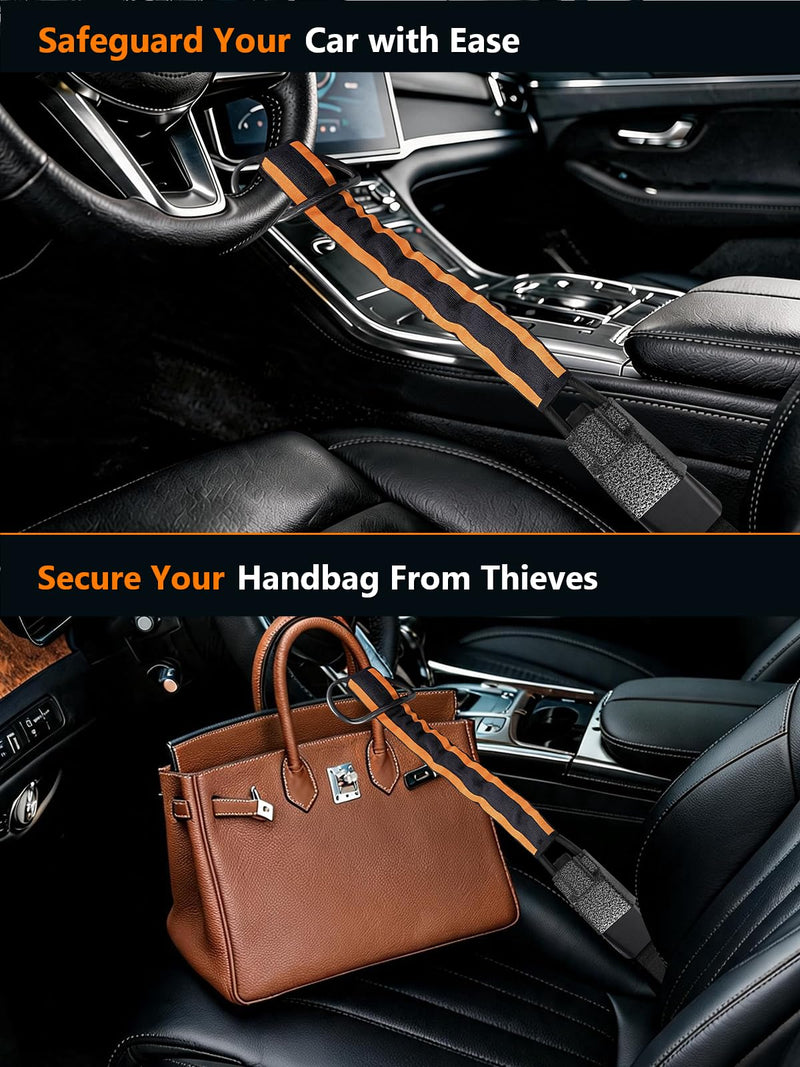 Steering Wheel Lock, Seat Belt Anti-Theft Device, 3 Keys | 27.5 in Braided Steel Cable With an Alloy Metal Lock Head, Reflective Nylon Sleeve & Storage Bag, Fits Most Car SUV Golf Cart black orange