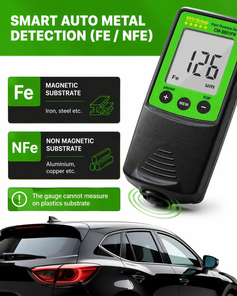 Paint Thickness Gauge CM-8801FN for Cars – Digital Coating Thickness Meter, Auto Fe/NFe Detection, 1 μm Resolution, 0–1250 μm (0–49 mils), ±(3%+2 μm) Accuracy, Automotive Inspection Tool