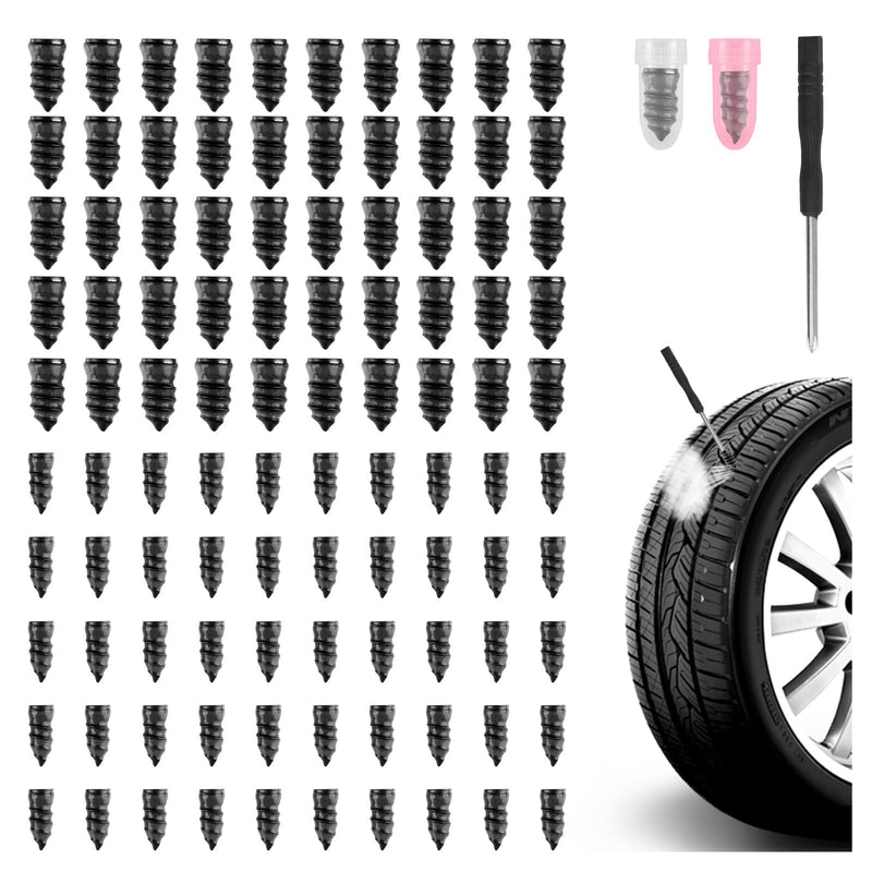 100PCS Tire Plug Kit,Self-Service Flat Tire Repair Kit Including Screwdriver,Upgraded Thickened Adhesive-Covered Tires Repair Screws for Sudden Flat Tyres Emergencies
