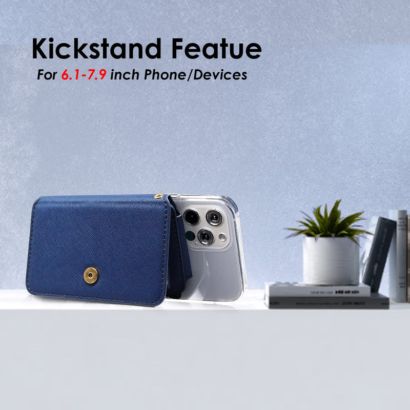 Phone Wallet Stick On,M-Plateau PU Leather Card Holder with Zipper Coin Pocket Compatible with iPhone and iPhone Case for Women with 3M Adhesive and Phone Lanyard Navy Blue
