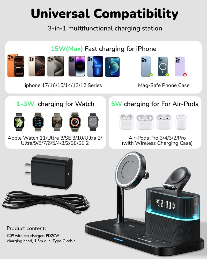 5 in 1 Wireless Charging Station for Apple,Mag-Safe Charger with Alarm Clock Night Light for Multiple Devices,Nightstand Charging Station for iPhone 17/16/15/14/13/12,Apple Watch Series,Air-Pods Qi1-Black