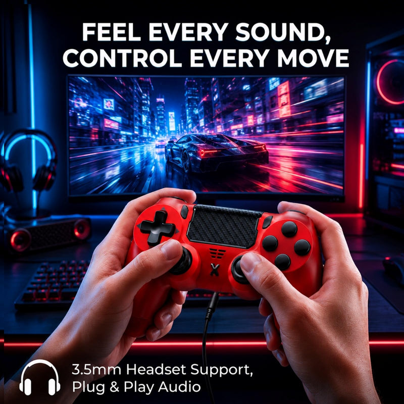 BJXOZ Wireless Controller for PS4 Controller, Gamepad with Dual Vibration | 1000mAh, Six-axis Gyroscope Sensor, USB-C Port, Speaker, 3.5mm Headphone Jack, Touchpad, Compatible with PS4/Slim/Pro/PC Red
