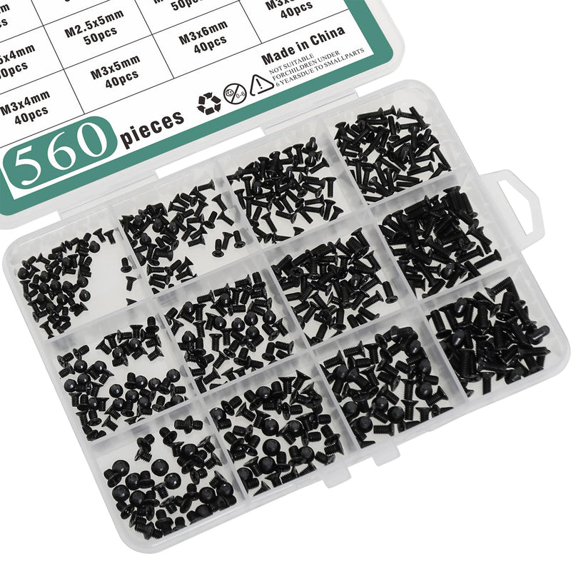 560PCS Black Carbon Steel M2 M2.5 M3 Laptop Replacement Screw Set Countersunk Head Flat Head Phillips Miniature Screws for Dell Samsung HP Sony Laptop
