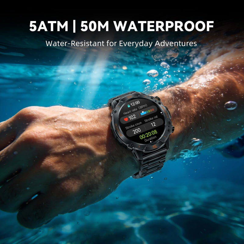 WalkerFit Rugged Smart Watch for Men, 1.43" AMOLED 5ATM Waterproof, 2 Bands | Bluetooth Calling, Fitness Tracker, 15-Day Battery, 178+ Sports Modes, Heart Rate, Sleep & SpO2 Monitor, For Android & iPhone Black