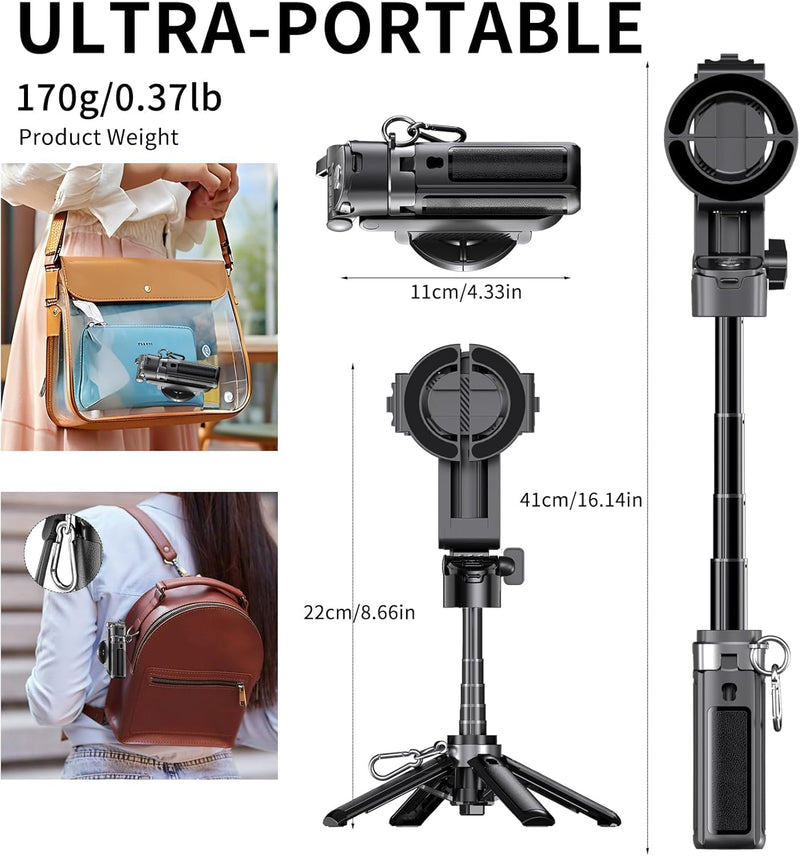 Magnetic Phone Tripod Stand, Portable Mini Selfie Stick for iPhone 16/15/14/13/12 & MagSafe, Aluminum Angle-Adjustable Foldable Strong Magnet Phone Holder, Travel Essentials, Included Metal Ring Iron Black