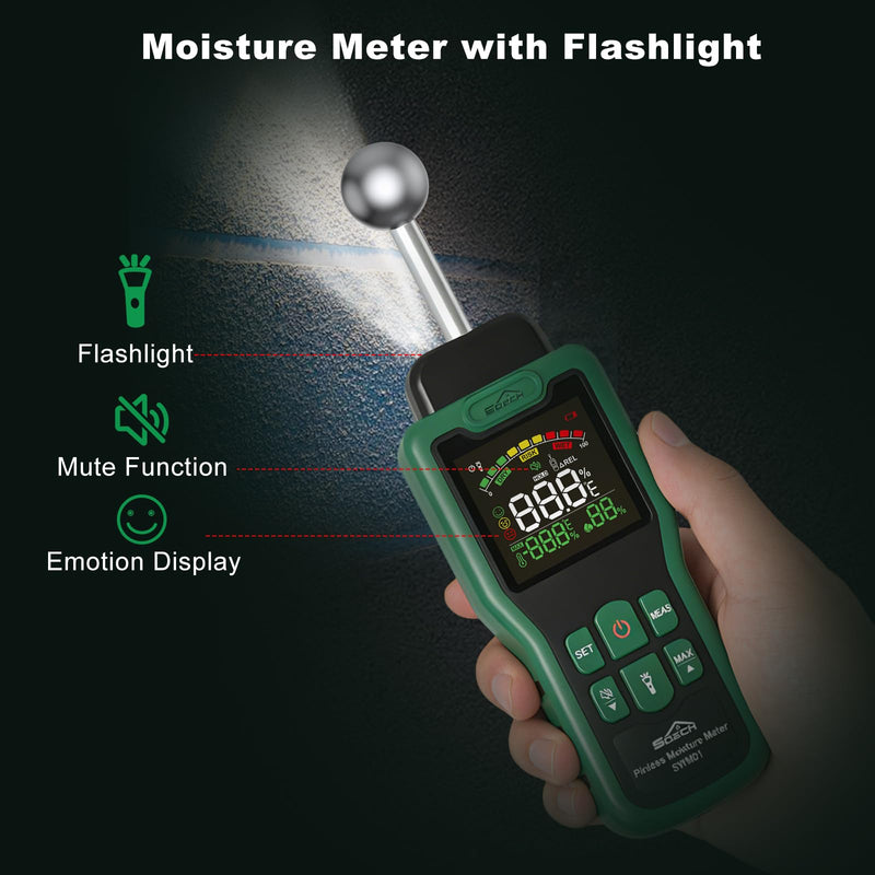 Moisture Meter, SQECH Pinless Moisture Meter with Thermometer, Flashlight, Alarm, Multifunctional Wood Moisture Meter with Color LCD, for Walls, Wood, Masonry, Caravans, Apartments