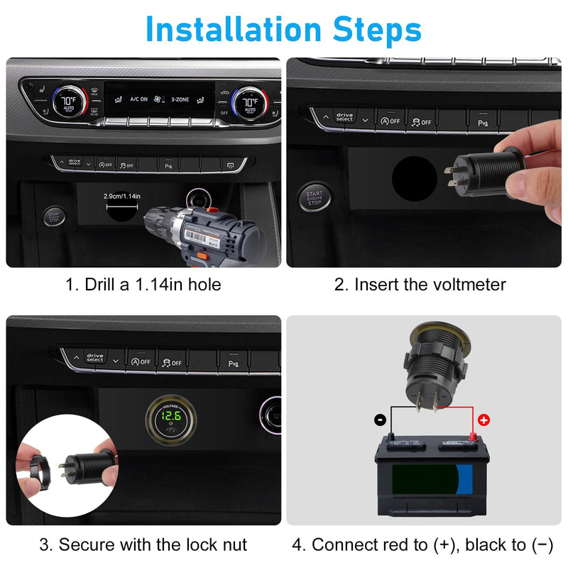 Linkstyle Battery Voltage Meter, Waterproof Voltmeter Gauge 12V, DC Volt Meter 12 Volt, LED Digital Voltmeter, Round Battery Monitor with Low Voltage Alarm black