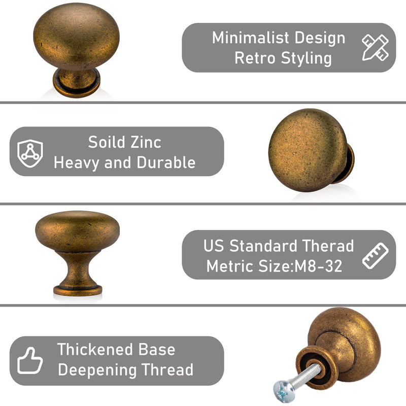 10-Pack Antique Brass Cabinet Knobs, Vintage Round Drawer Knobs for Kitchen Cupboards Dressers, Unique Home Improvement Hardware 10 1-1/8-Inch (29mm) Diameter