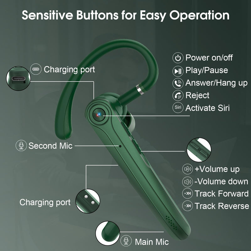 Atheewon Bluetooth Headset, Wireless Bluetooth Earpiece with ENC Noise Canceling Mic, 120Hrs Talk Single-Ear Headphones, LED Display, IPX7, V5.4 Hand-Free Earphone for Business/Trucker/Driver (Green)