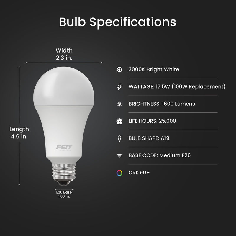 Feit Electric A19 100W Equivalent LED Light Bulbs, Dimmable LED Bulbs, 3000k Bright White, 1600 Lumens, 22 Year Lifetime, CRI90, UL Listed, 12 Pack, OM100DM/930CA/2/6