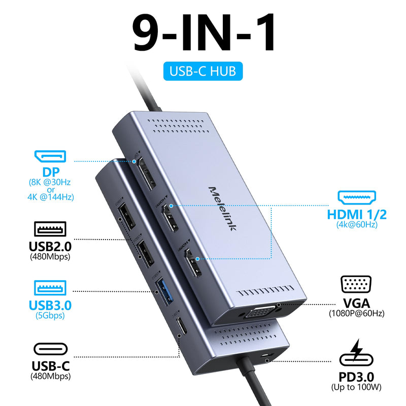 USB C Docking Station Dual HDMI Monitor Adapter, Melelink USB C Hub 3 Monitors with 2X 4K HDMI, 8K Displayport, VGA, 100W PD, USB C&A Ports, 9 in 1 Laptop Docking Station for Dell, HP, Lenovo, etc