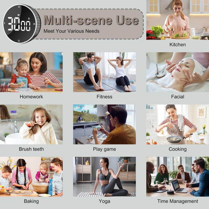 Digital Kitchen Timer with HD LED Display, Magnetic Countdown & Countup Timer for Cooking, 99 Minutes Rotating Pomodoro Timer for Classroom, Fitness, Office. Silver