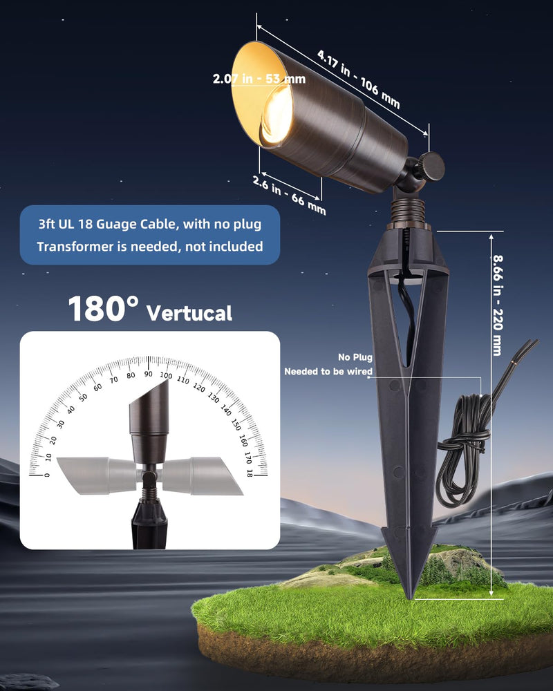 Brass Landscape Spotlights: Solid Brass Landscape Lights, Waterproof 12V Low Voltage Spot Lights with 5W MR16 LED Bulb (Warm White) for Garden, Patio, Lawn & Yard 1-Pack