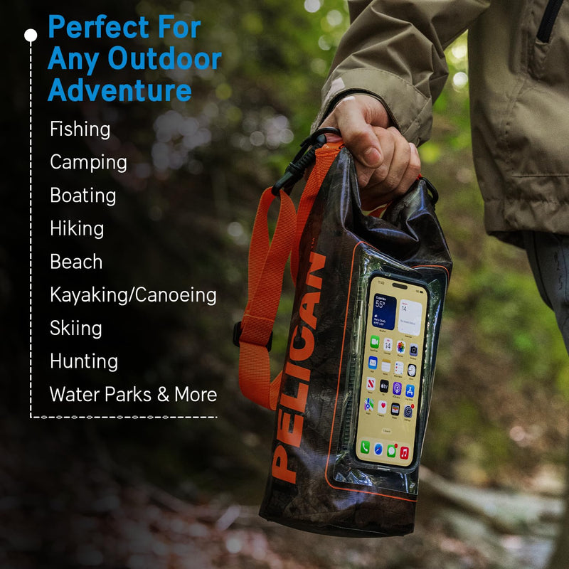Pelican Marine IP68 Waterproof Dry Bag 2L w/Phone Pouch/Case - Hunter Camo | Roll Top Waterproof Backpack with Touchscreen Phone Pouch - Swimming, Kayaking, Camping, Rafting, Fishing & Travel Essentials Hunter Camo - 2L