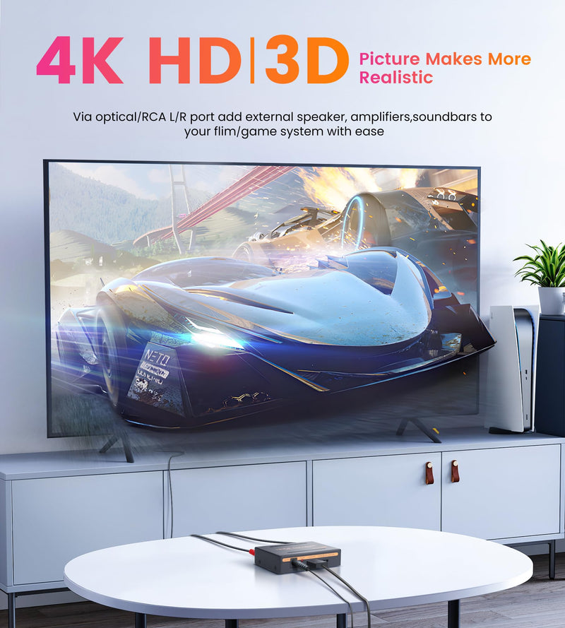 avedio links 4K HDMI Audio Extractor Splitter, 1080P@120Hz HDMI Audio Converter Adapter + Optical SPDIF + L/R Stereo HDMI2.0 HDCP2.2 Dolby Digital/DTS for Fire Stick, Blu-Ray Player 4K 30Hz Black