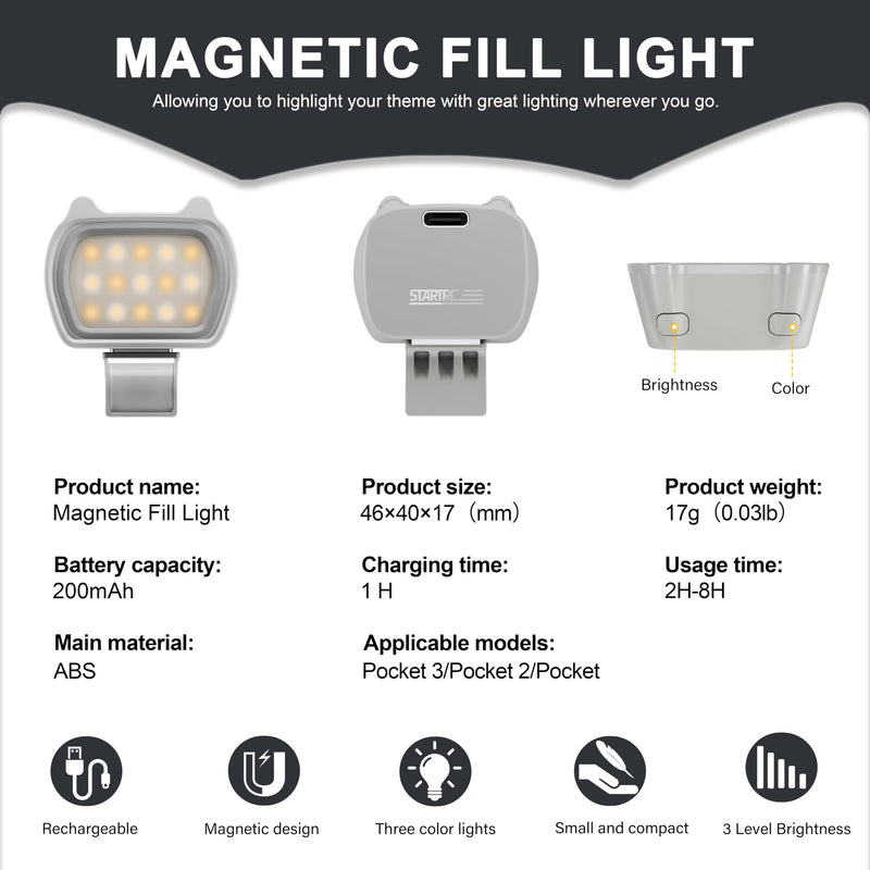 STARTRC Magnetic Fill Light for DJI Osmo Pocket 3 Creator Combo, Magnetic Mount Compatible with DJI Pocket 3/Pocket 2/Pocket Action Camera Accessories Osmo Pocket Series