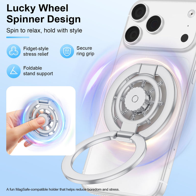Magnetic Phone Stand Fidget Spinner Ring Grip Holder for iPhone 17 Pro Max | Dual-Sided Magnetic Gym Phone Kickstand for iPhone 17/16/15/14/13/12/Samsung/Stress Relief/2in1 Foldable Stand for Car Mount Silver