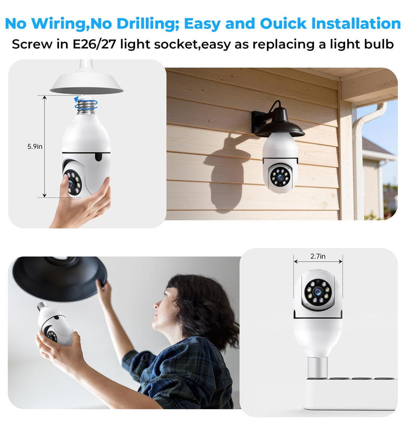 Light Bulb Security Camera Outdoor, 2K 5GHz & 2.4GHz WiFi Bulb Cameras for Home Security, 360° PTZ Wireless Cam with AI Human Detection, Color Night Vision, 2-Way Talk, Screw-in Light Socket 2pack 3MP
